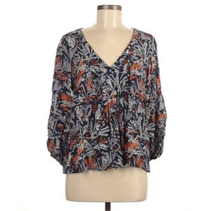 Maeve by Anthropologie Women Blue 3/4 Sleeve Blouse Size M Monkey Boho Print 🐒